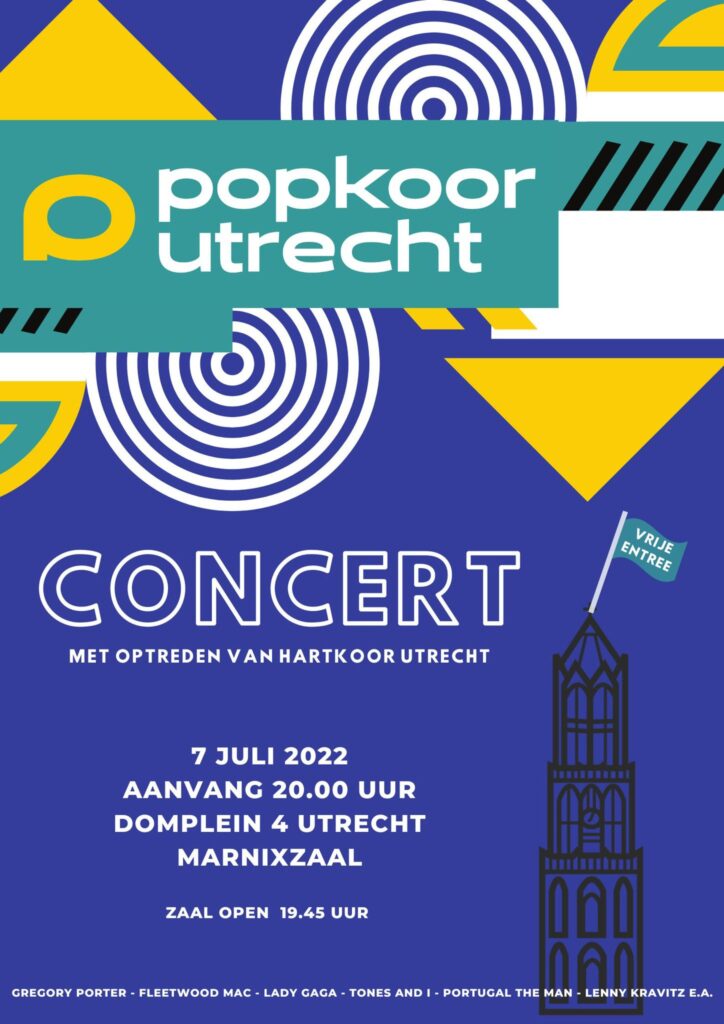 flyer van het concert van Popkoor Utrecht op 7 juli 2022.